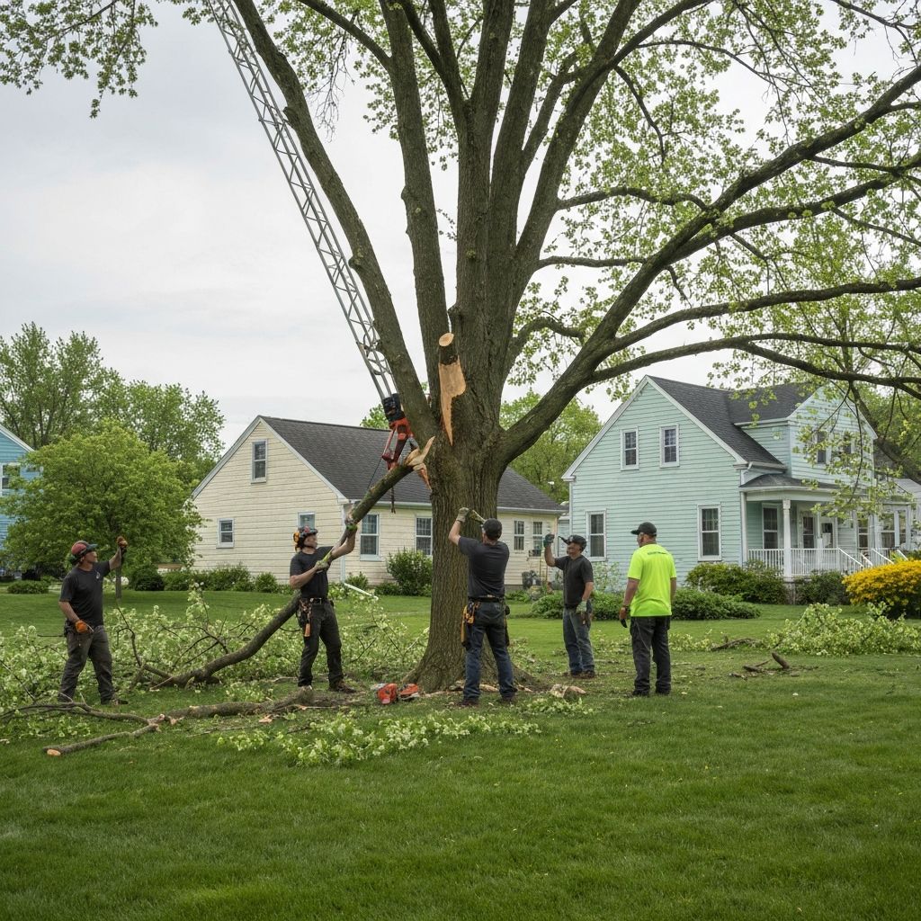 Emergency tree service crew removing storm-damaged tree from Lake Forest home