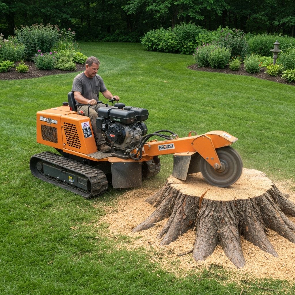 Professional stump grinding equipment removing tree stump in Lake Forest residential yard